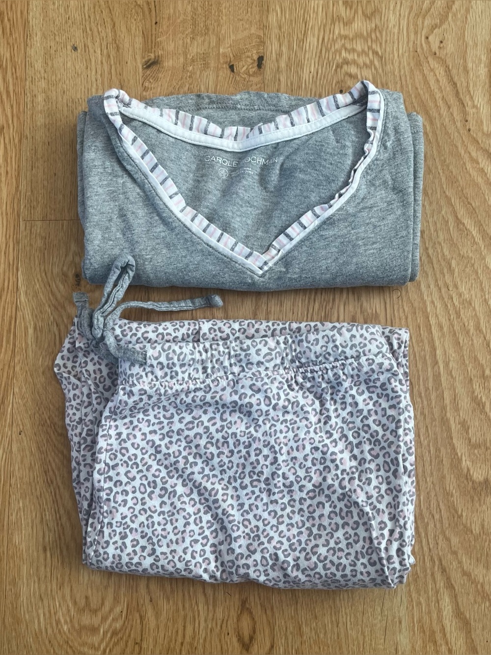 Carole Hochman 100% Cotton 2pc Pajama Set Size S Grey Pink Leopard Print Lounge